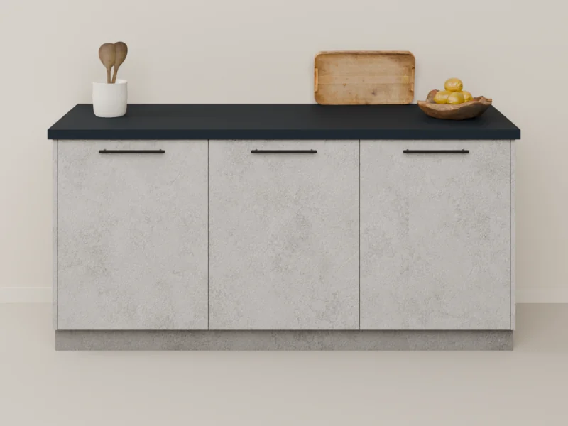 Küchenzeile in Beton Oxid mit dunkler Arbeitsplatte und eingebautem Geschirrspüler, die Blende kippt nach vorn auf und zeigt die Edelstahl-Innentür und die Körbe