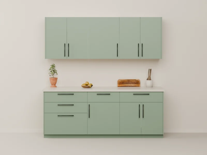 IKEA METOD Küche in Schilfgrün von vorn: die mittlere Schublade links, die rechte Unterschranktür, die Hängeschranktür ganz links und die mittlere Hängeschranktür öffnen sich